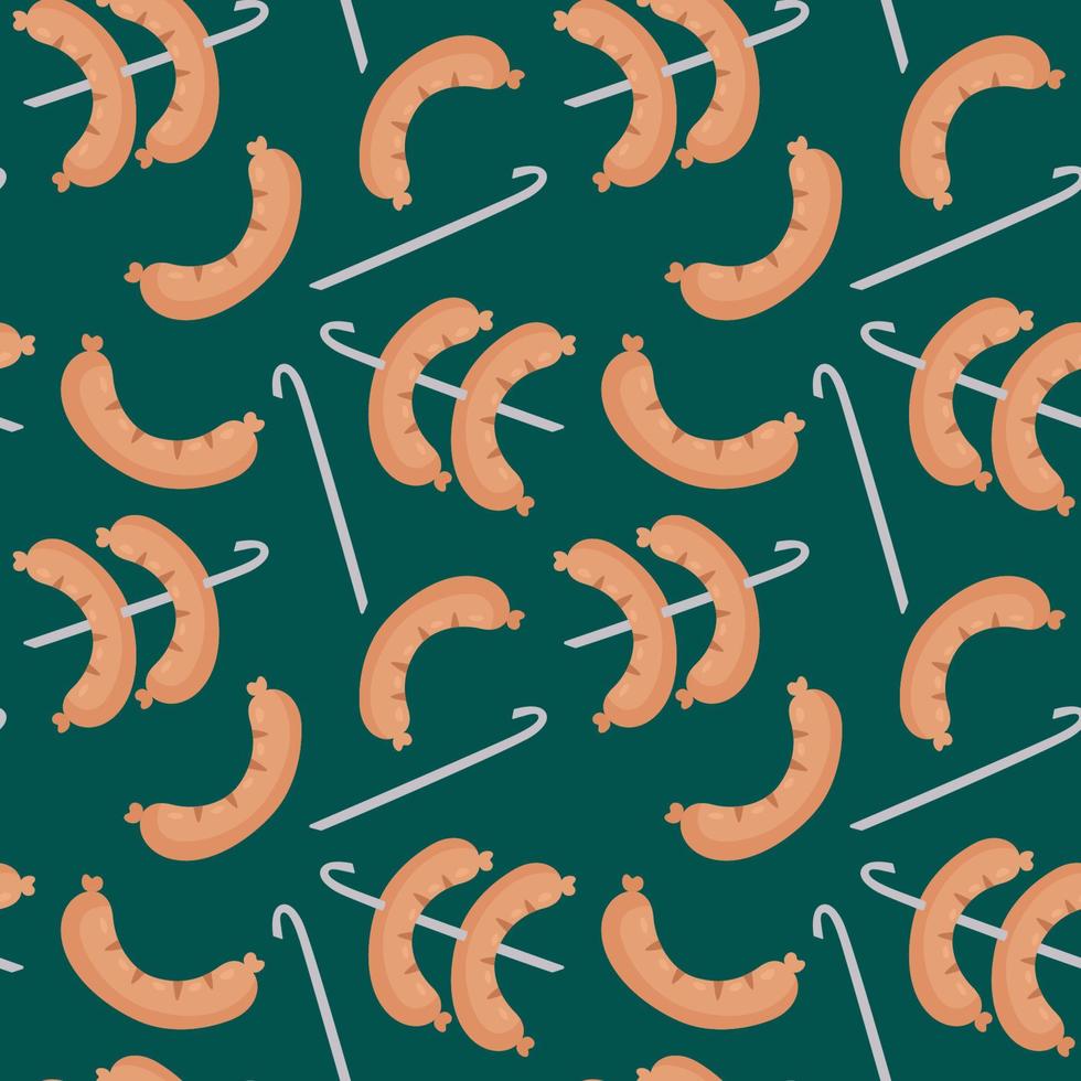 Seamless pattern with smoked sausages on a metal skewer for frying on fire. Barbecue, grill bar or picnic area. Vector illustration in a flat style.