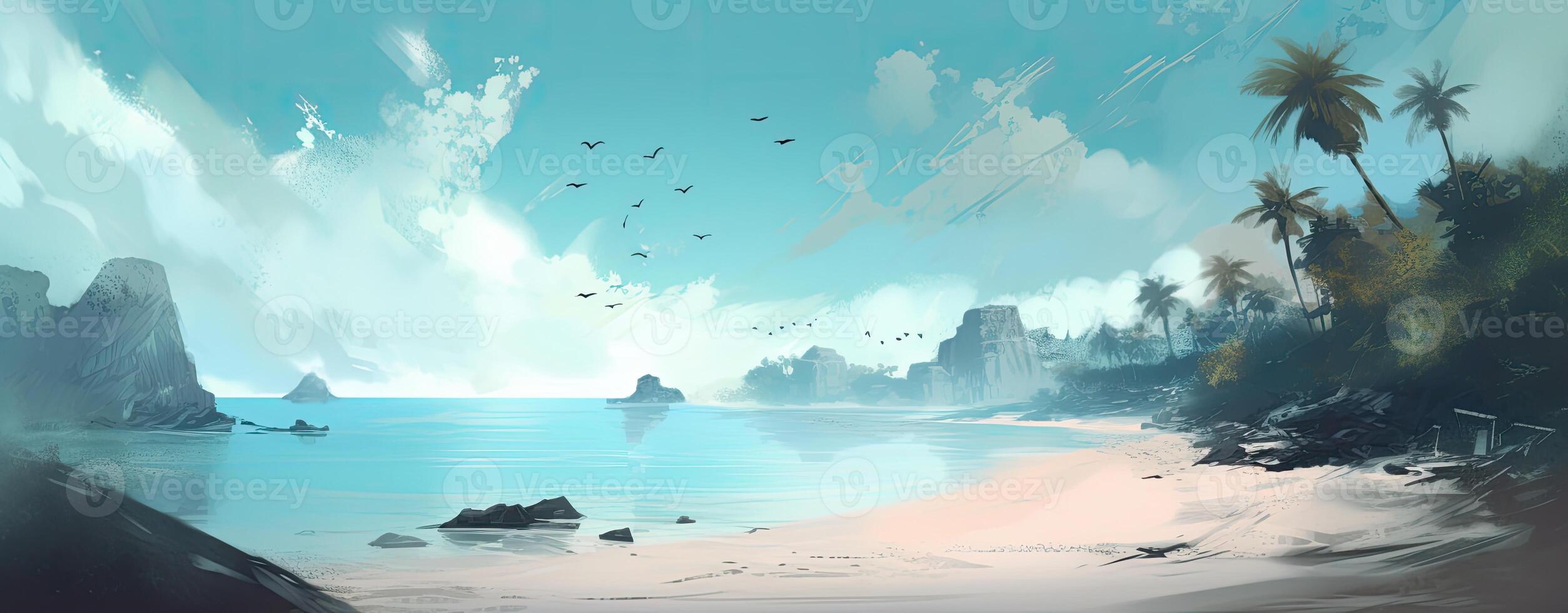 tropical paradise beach with white sand and coco palms travel tourism wide panorama background concept. . photo