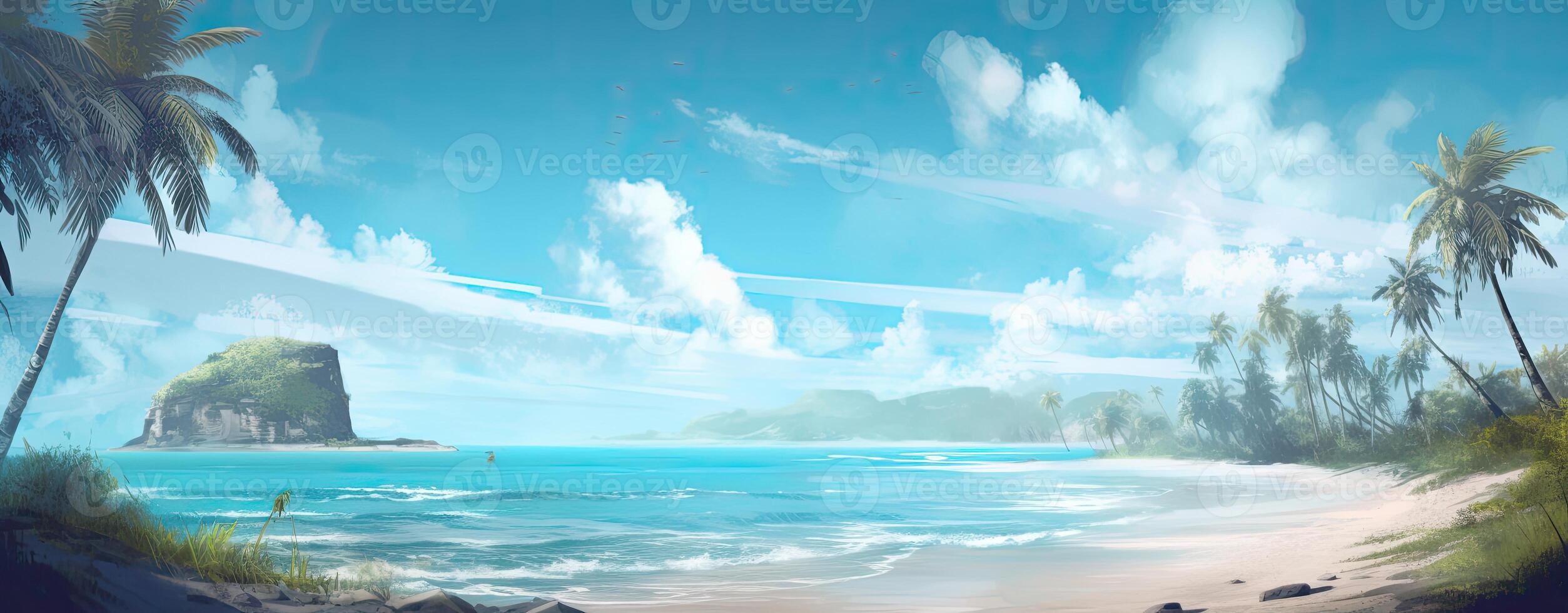 tropical paradise beach with white sand and coco palms travel tourism wide panorama background concept. . photo