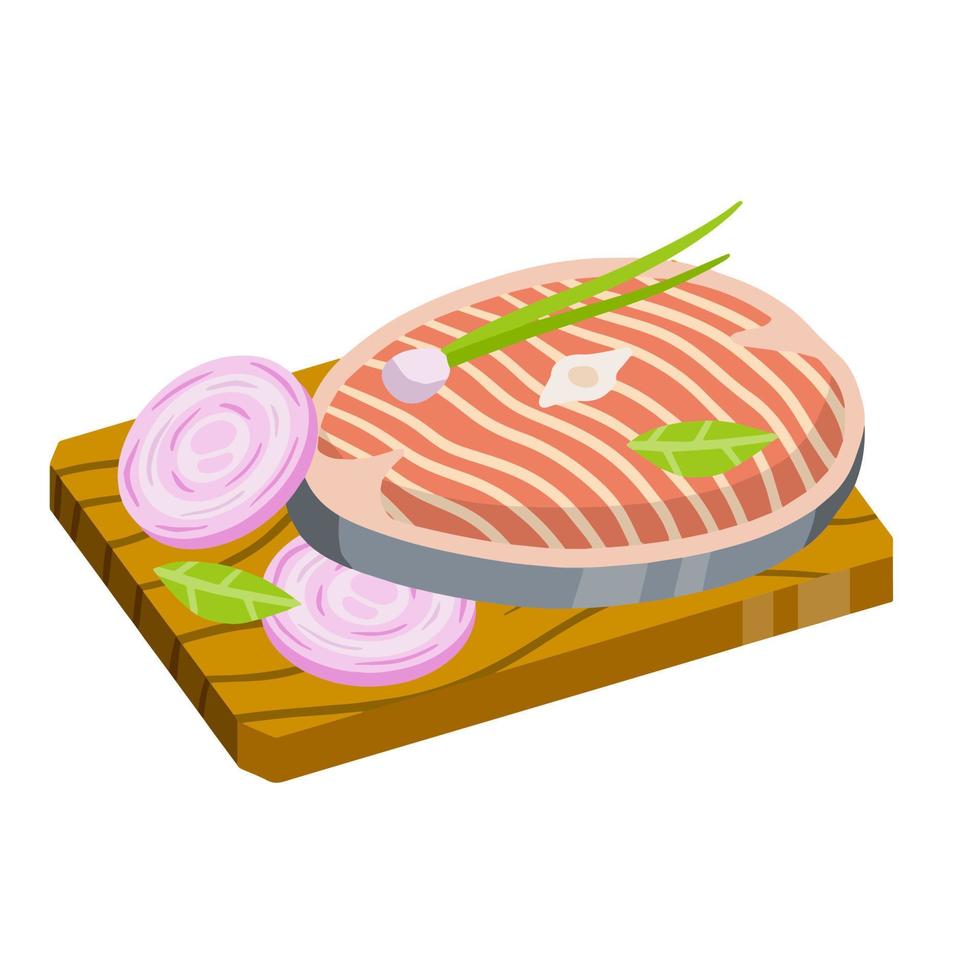 Piece of raw fish on chopping Board. Cooking food. Kitchen and restaurant elements. Chops and ingredients. Flat cartoon illustration vector