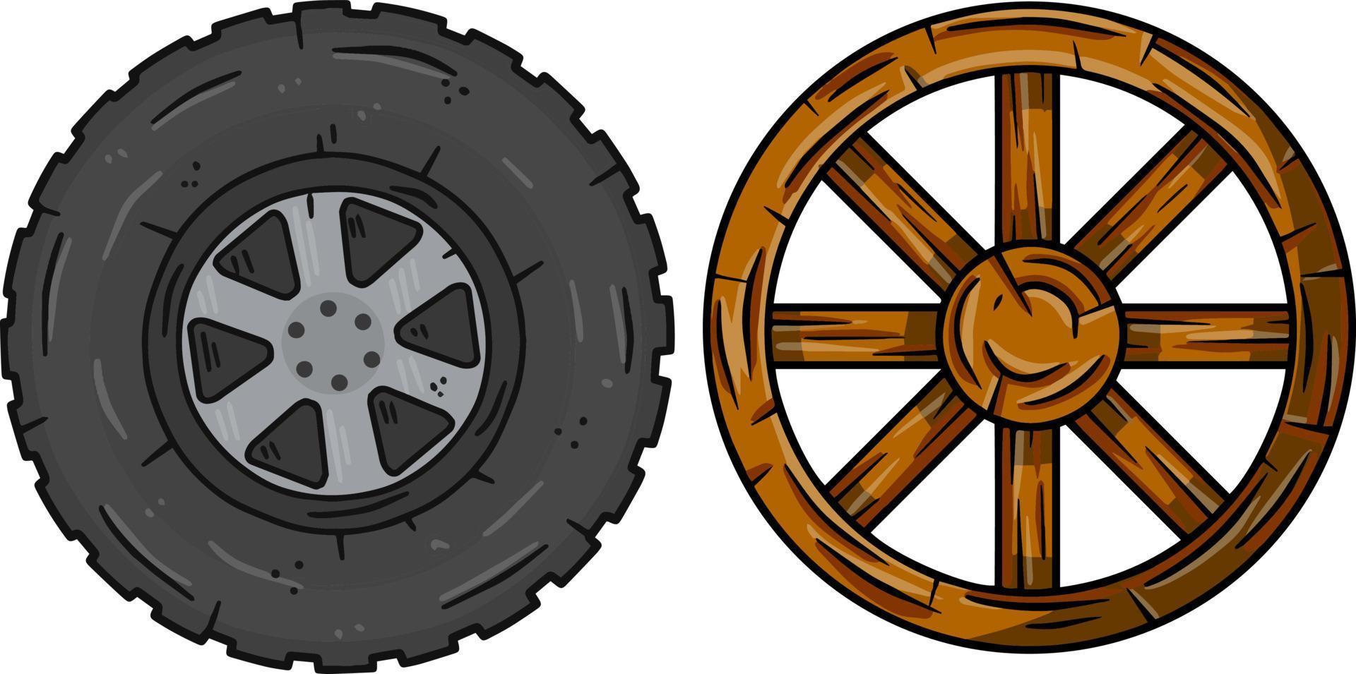 antiguo de madera rueda de carro con grieta y nuevo moderno auto rueda con neumático. comparación de tecnologías. pueblo y la carretera elemento. dibujos animados ilustración vector