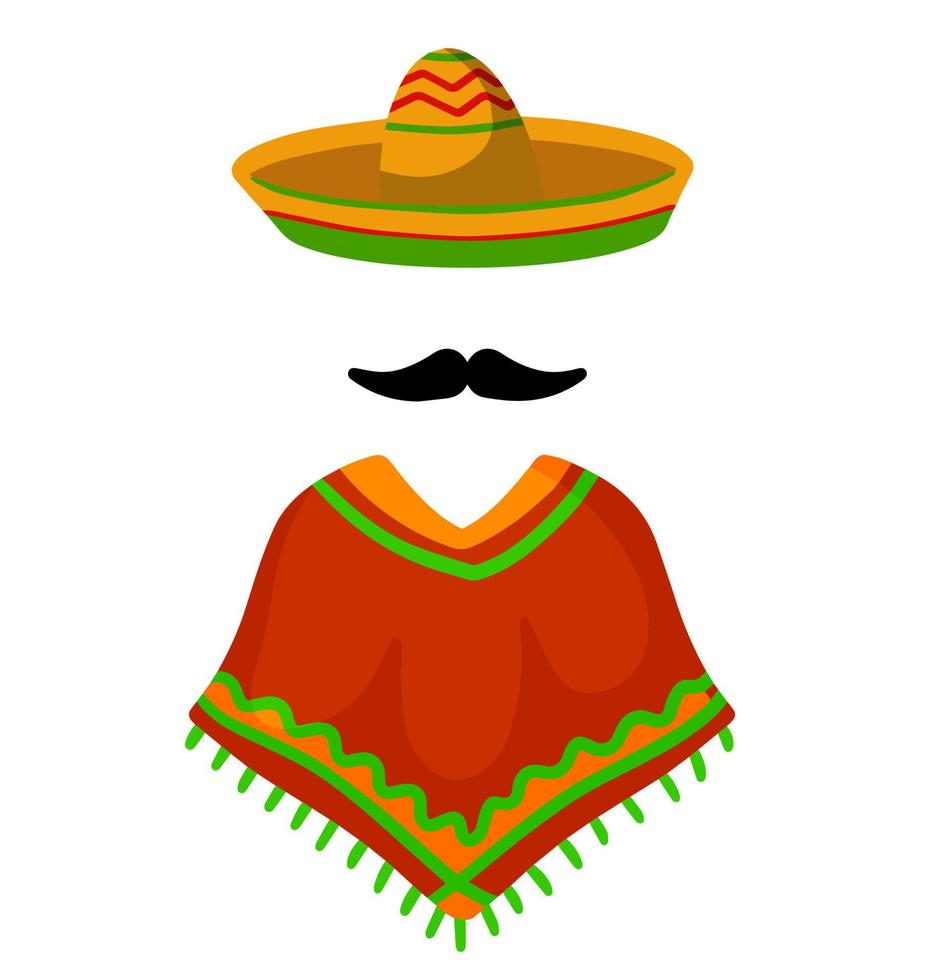 Poncho. Red and orange Mexican Cape. National dress. Latin costume. Sombrero hat and mustache. Flat cartoon isolated on white vector