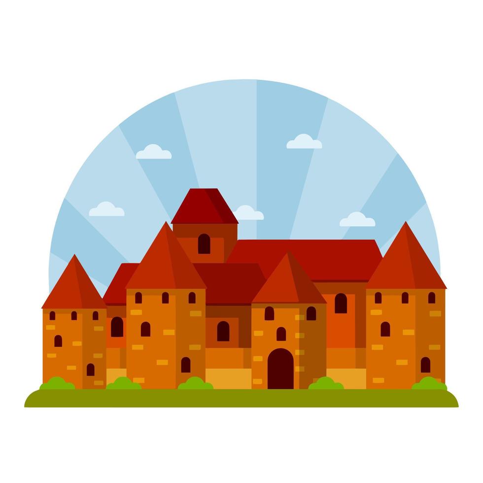 Medieval fortress with towers and walls. Trakai castle. Lithuanian tourist attraction. Old European city. Historical building of knight. Red house. Flat cartoon vector