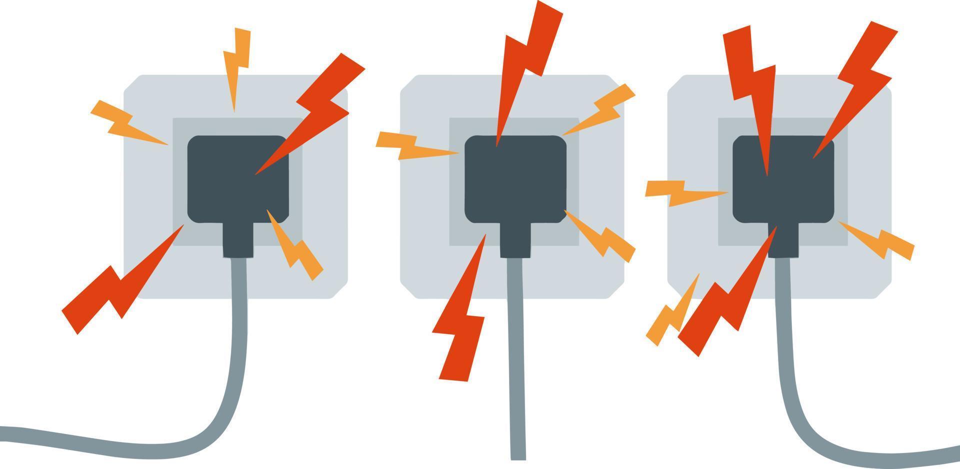 electrico circuito. choque, rojo relámpago y amarillo chispas desde el salida. conector y enchufar. sistema sobrecarga. el problema con el aparato. fuego situación con fumar y seguridad. vector