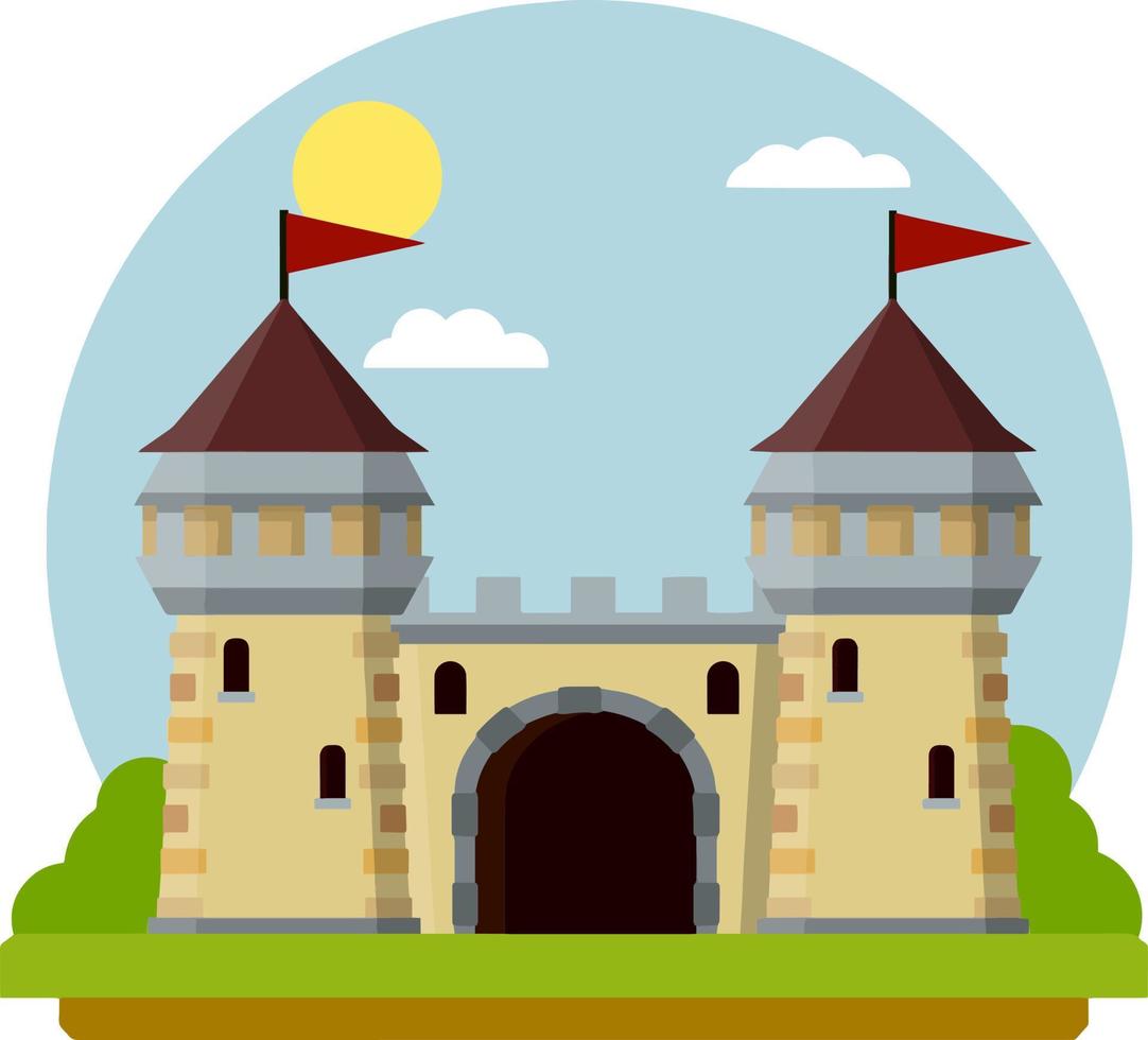 Military building of knight and king. Defense and reliability. Tower, wall and gate. Cartoon flat illustration. vector