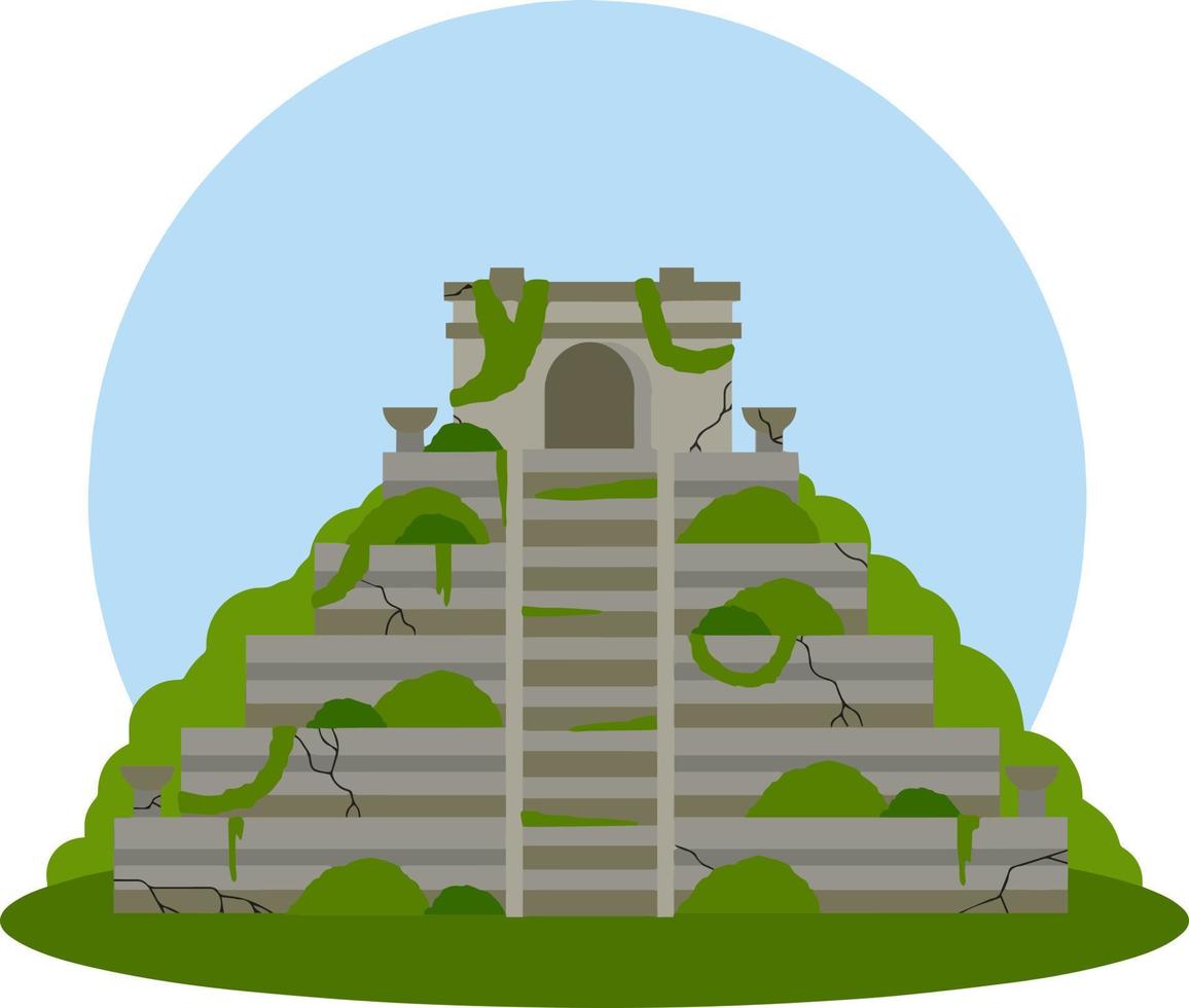 Mayan pyramid. Ancient American culture. Building in green jungle. Tourist attraction of Mexico. Stepped abandoned temple. An old mysterious civilization. Cartoon flat illustration vector