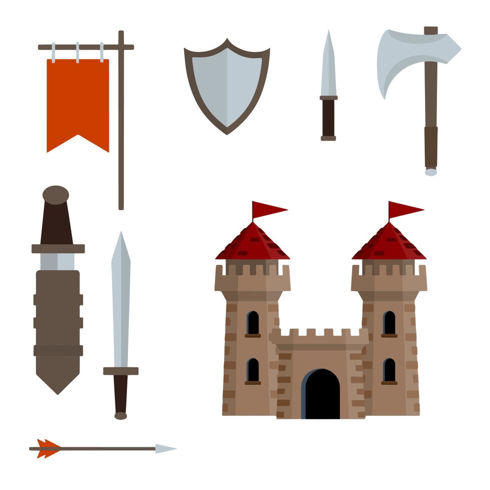 Medieval castle with tower, wall, gate, red roof. set of old weapons of knight - sword in scabbard, arrow, shield, flag, axe, dagger. European historical Armor and weapons. Cartoon flat illustration vector