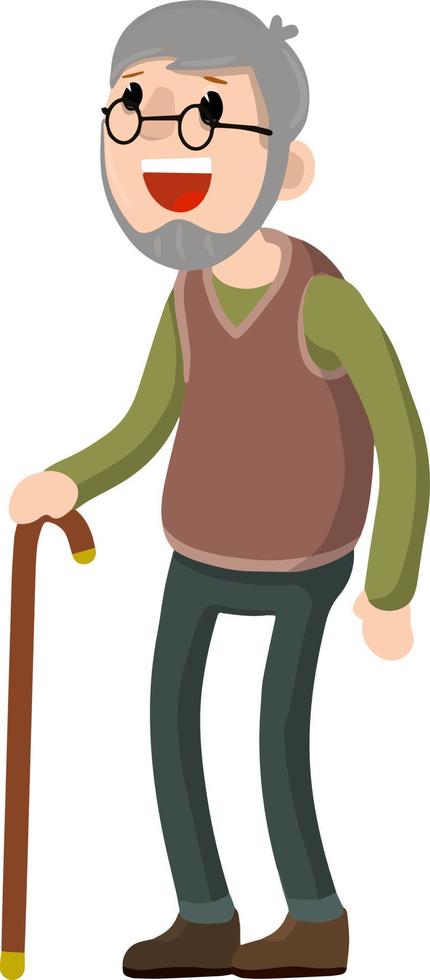 gracioso antiguo hombre con caña. mayor y activo estilo de vida, recreación abuelo. dibujos animados plano ilustración. vector