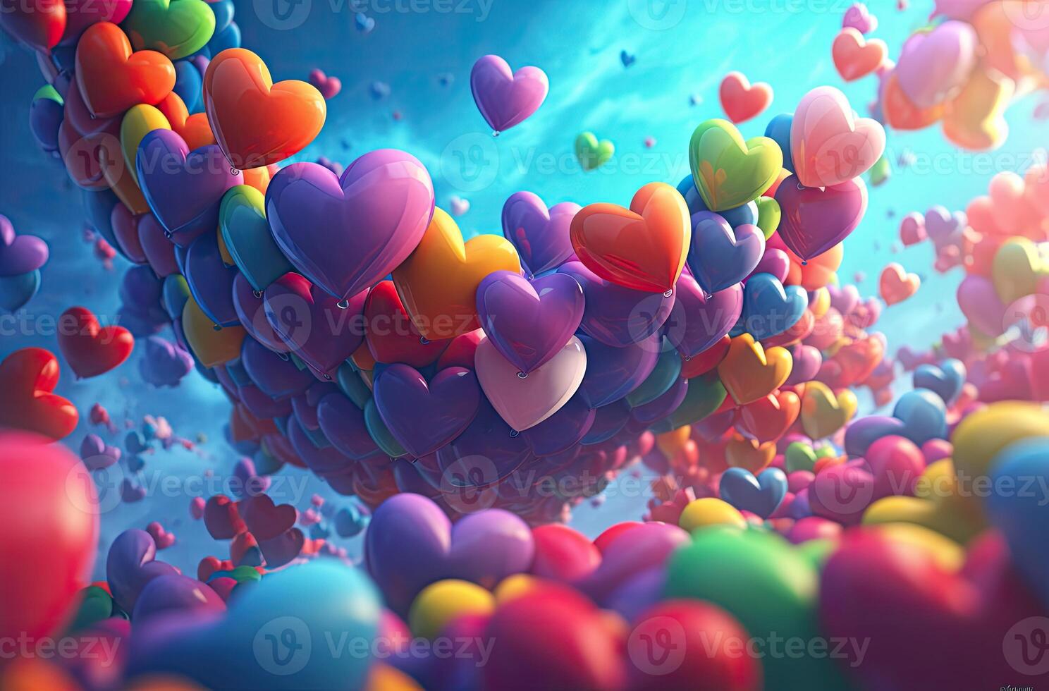 Colorful heart shape balloon with blue sky. Valentine's day background with heart shaped balloons. . photo