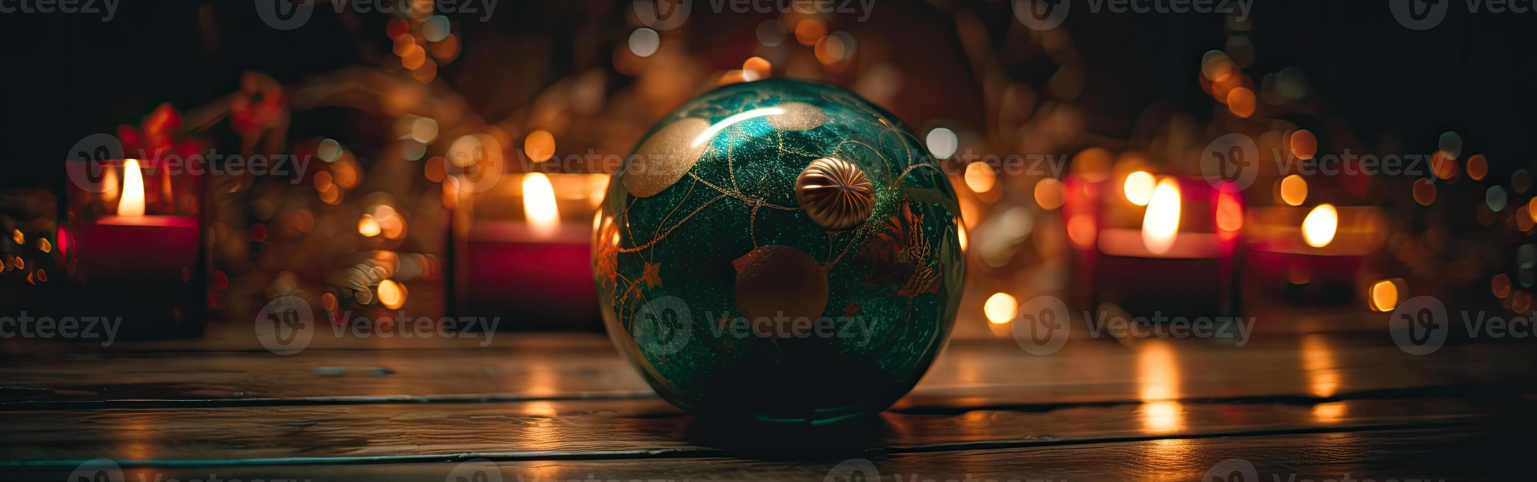 Burning candle and Christmas decoration over snow and wooden background. . photo