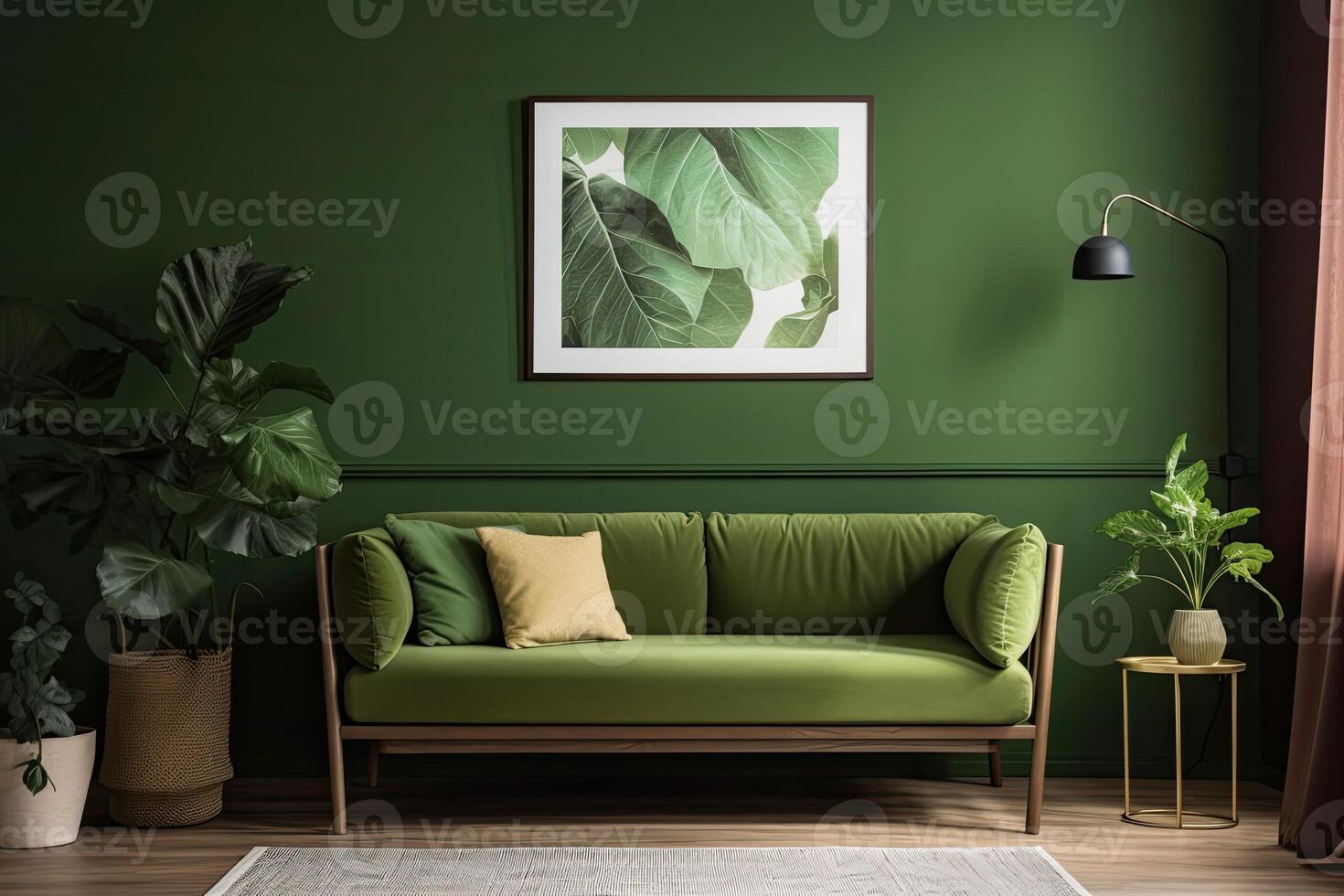 Interior classic living, retro classical style, with loose furniture,brown sofa with a green wall and a picture frame. . photo