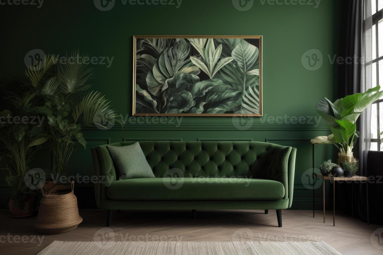 Interior classic living, retro classical style, with loose furniture,brown sofa with a green wall and a picture frame. . photo