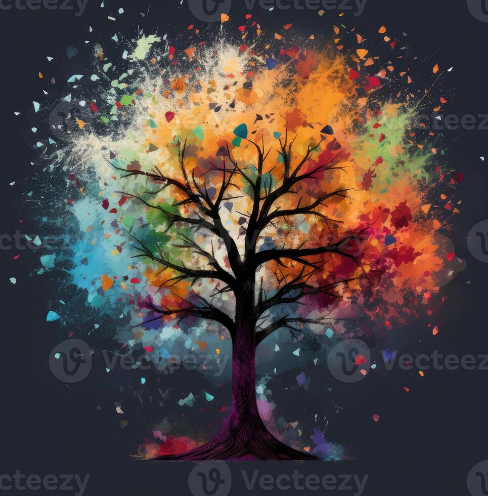 Abstract tree with roots and colorful leaves. Isolated on white background. Flat style, illustration. . photo