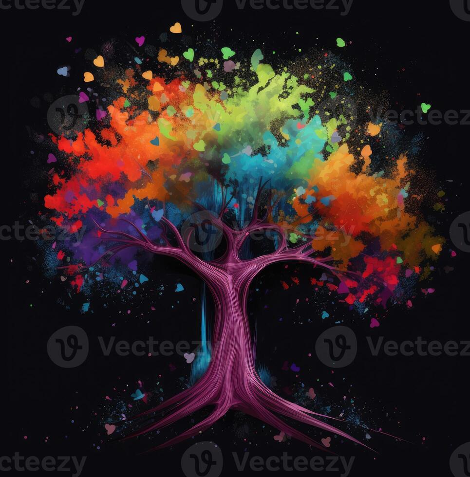 Abstract tree with roots and colorful leaves. Isolated on white background. Flat style, illustration. . photo