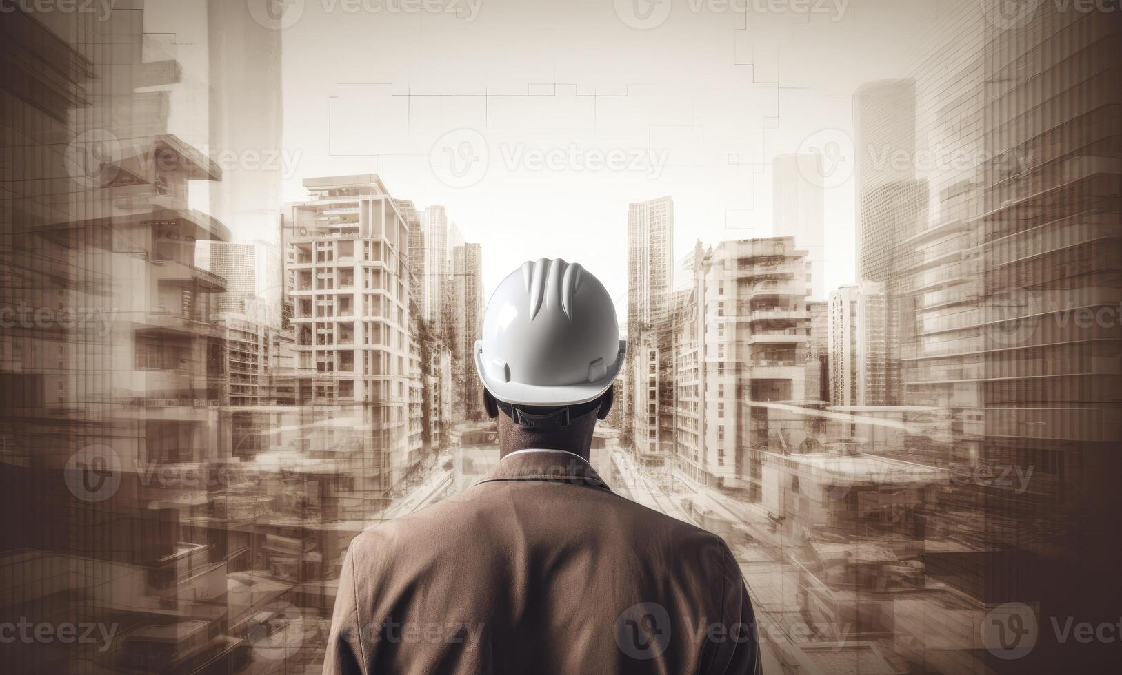 Construction concept. at back of the construction worker head which is wearing the safety helmet and checking work at the construction site. Non-existent person. photo