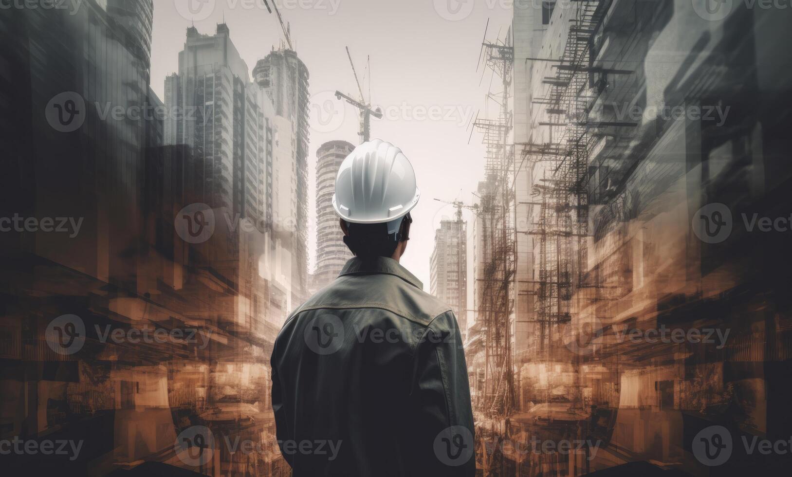 Construction concept. at back of the construction worker head which is wearing the safety helmet and checking work at the construction site. Non-existent person. photo