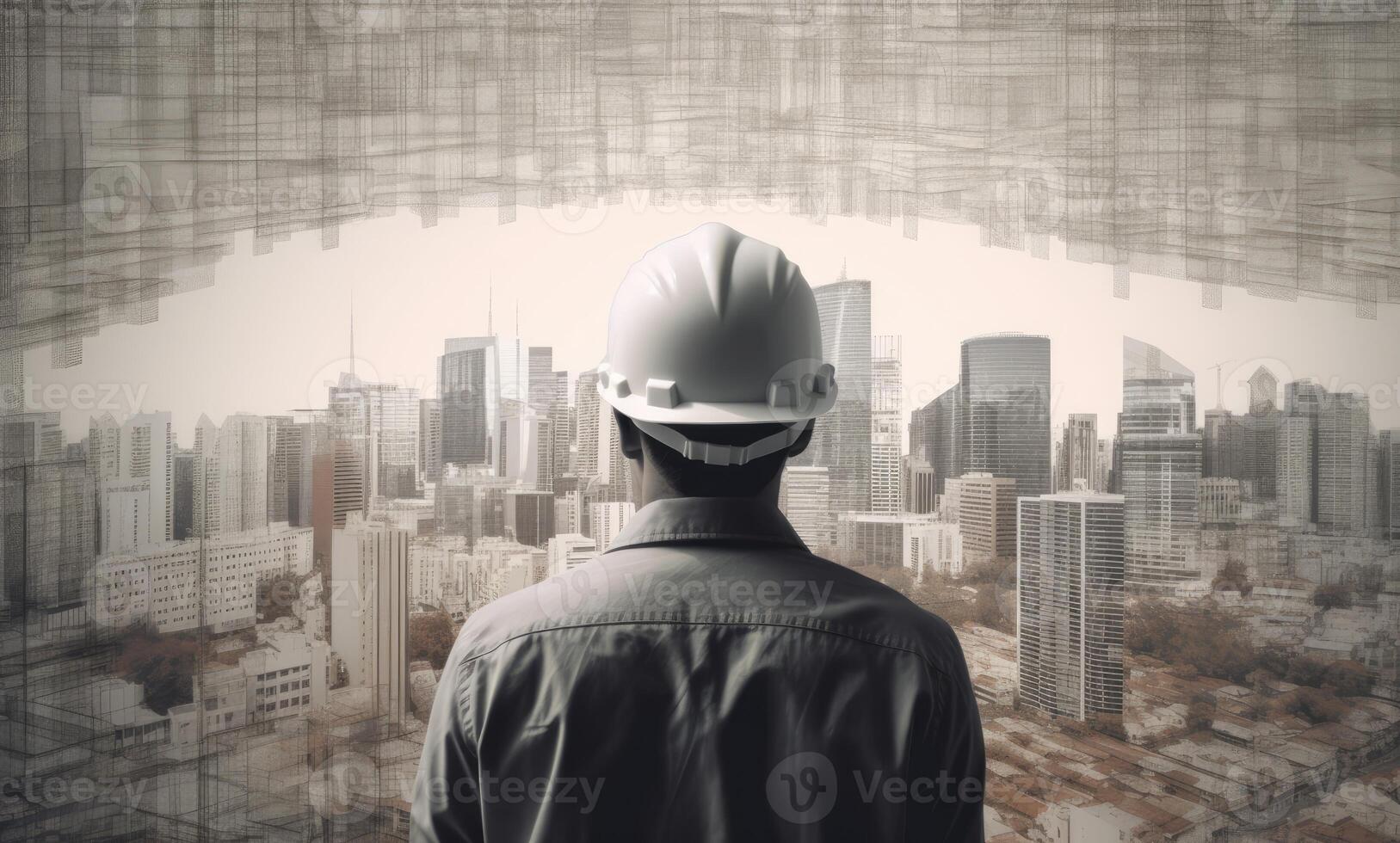 Construction concept. at back of the construction worker head which is wearing the safety helmet and checking work at the construction site. Non-existent person. photo