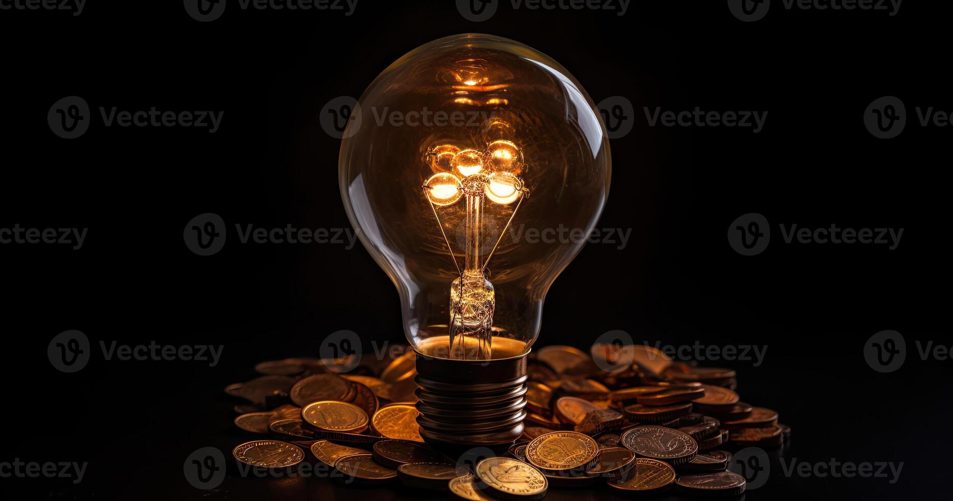 light bulb on top of coins. Rising energy cost concept. Light bulb on top of a stack of gold coins. . photo