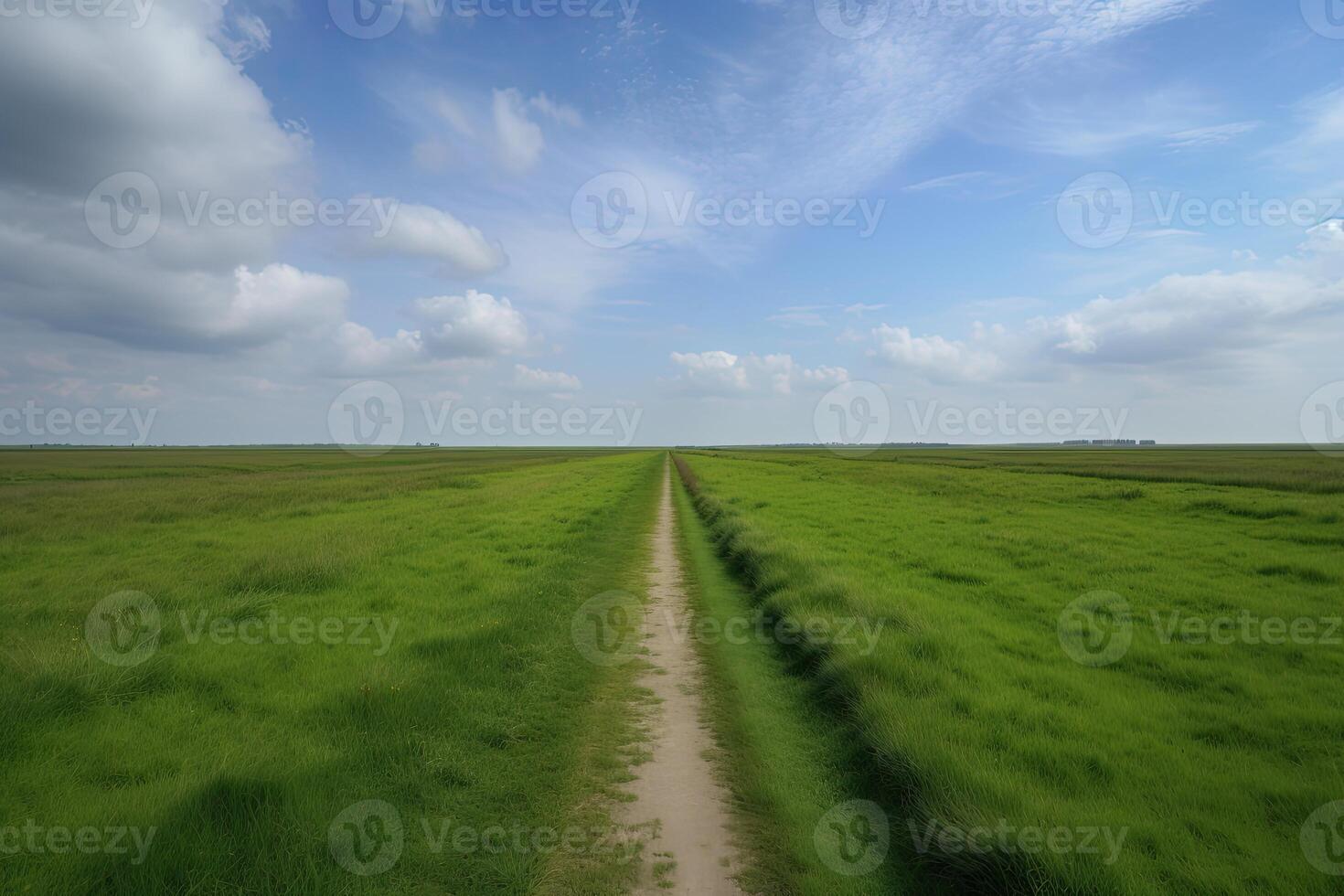 The landscape of grass fields and blue sky road leading off into the distance. . photo