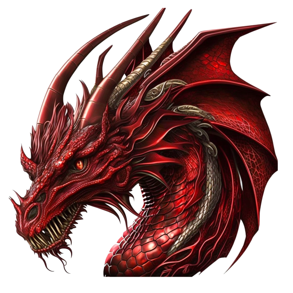 Glowing gaze and fanged mouth in red dragons head sight png