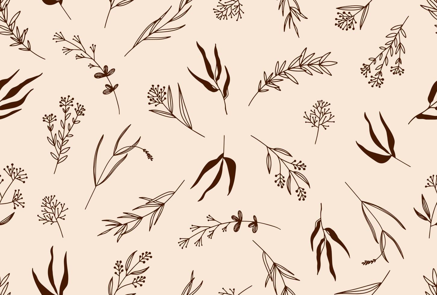 Seamless floral pattern with one line flowers. Vector hand drawn illustration.