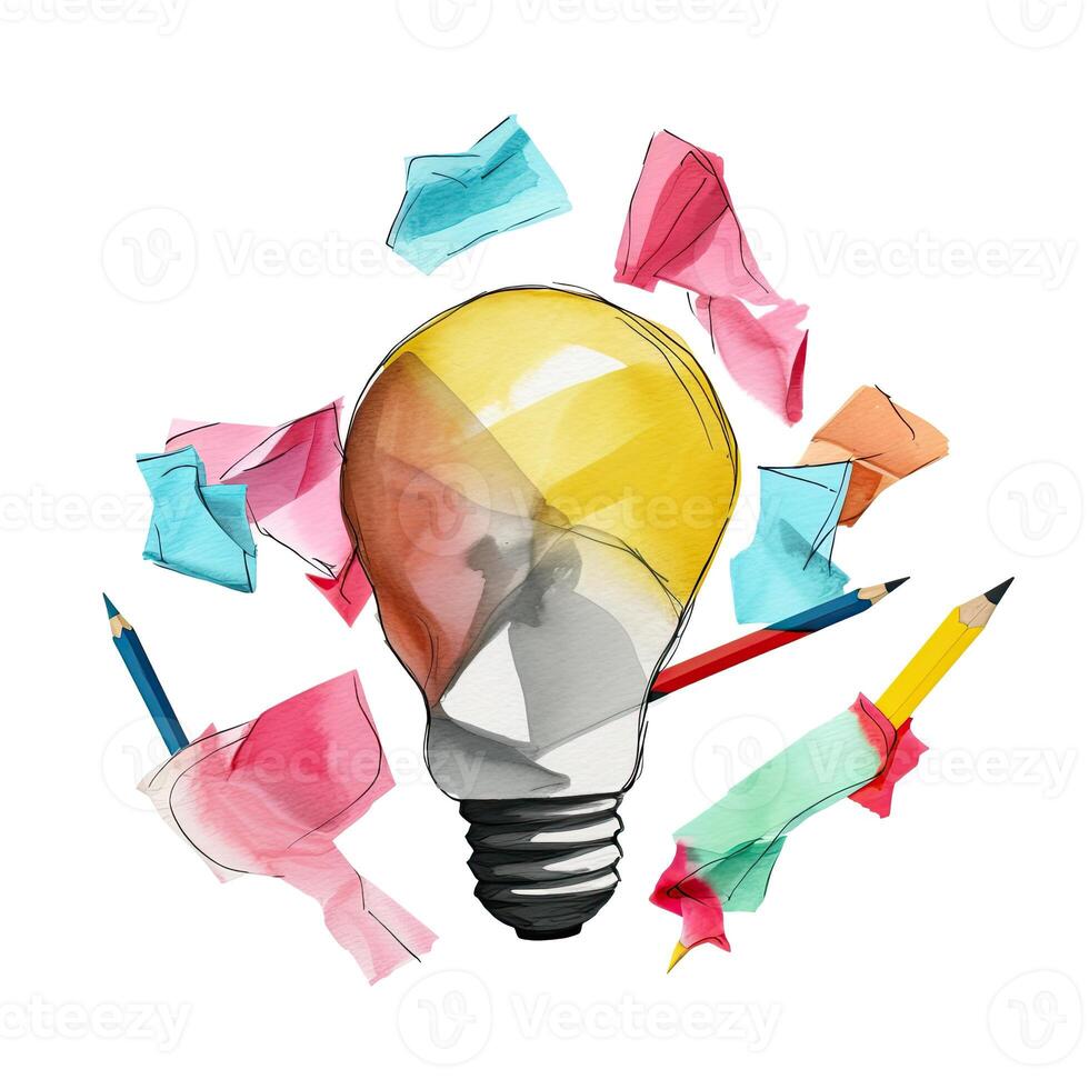 new idea concept with crumpled office paper and light bulb. Inspiration concept crumpled paper light bulb metaphor for choosing the best idea. . photo
