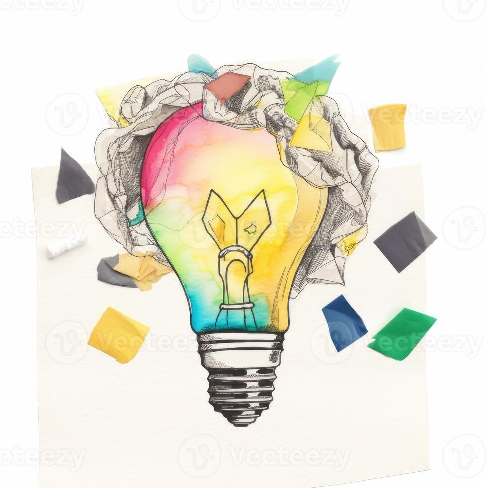 new idea concept with crumpled office paper and light bulb. Inspiration concept crumpled paper light bulb metaphor for choosing the best idea. . photo