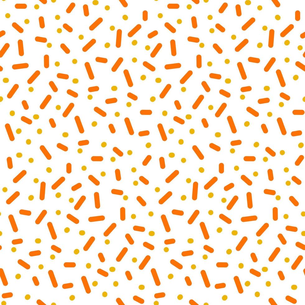 A pattern with orange festive sprinkling in the form of sticks and dots. Seamless glaze for donuts. Vector illustration for decoration of holidays, parties, birthdays, invitations. Gift packaging