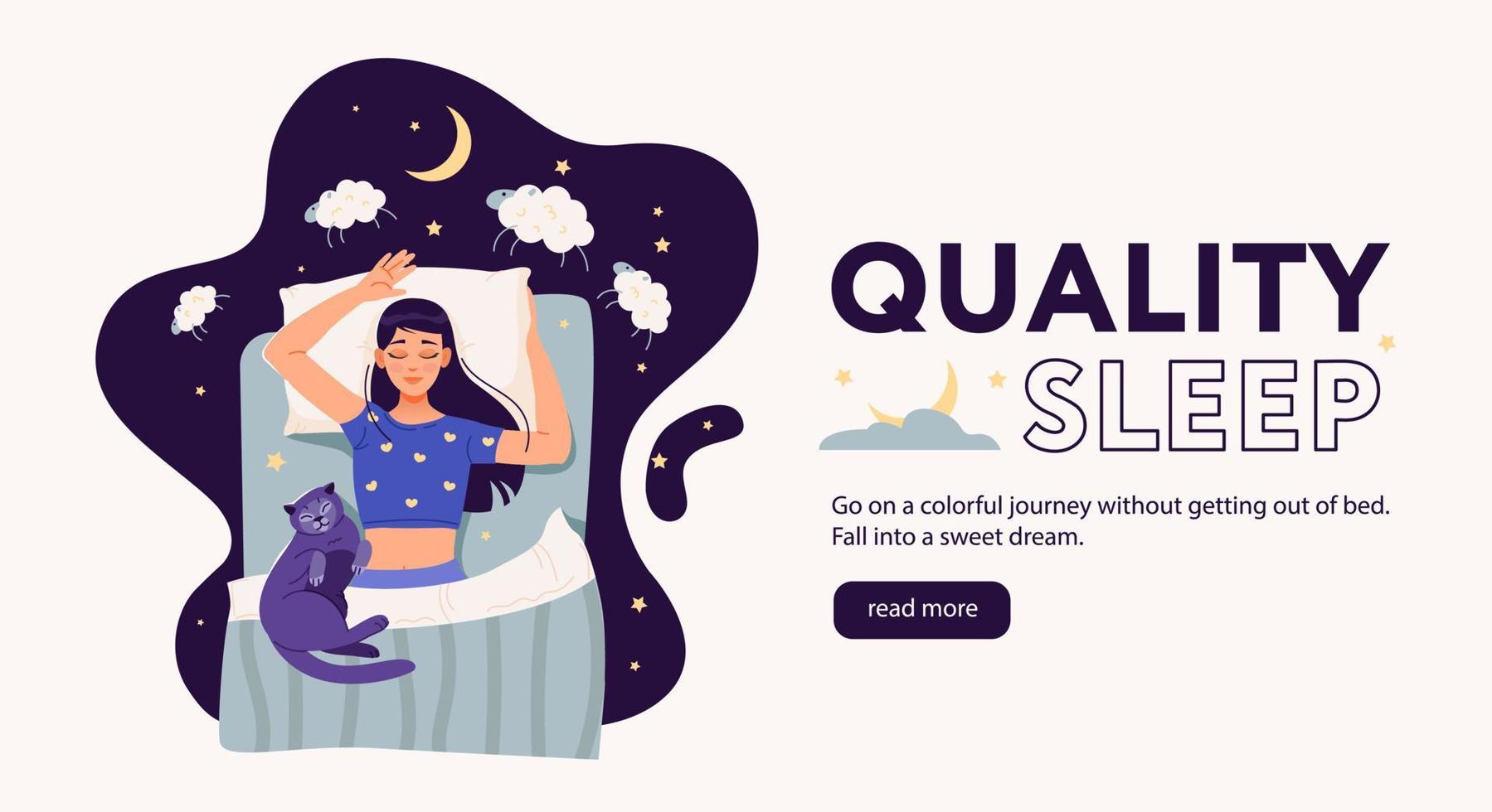 Quality sleep web banner template.  The girl counts sheep in her sleep. The girl sleeps in bed with her cat. Cartoon flat vector illustration.