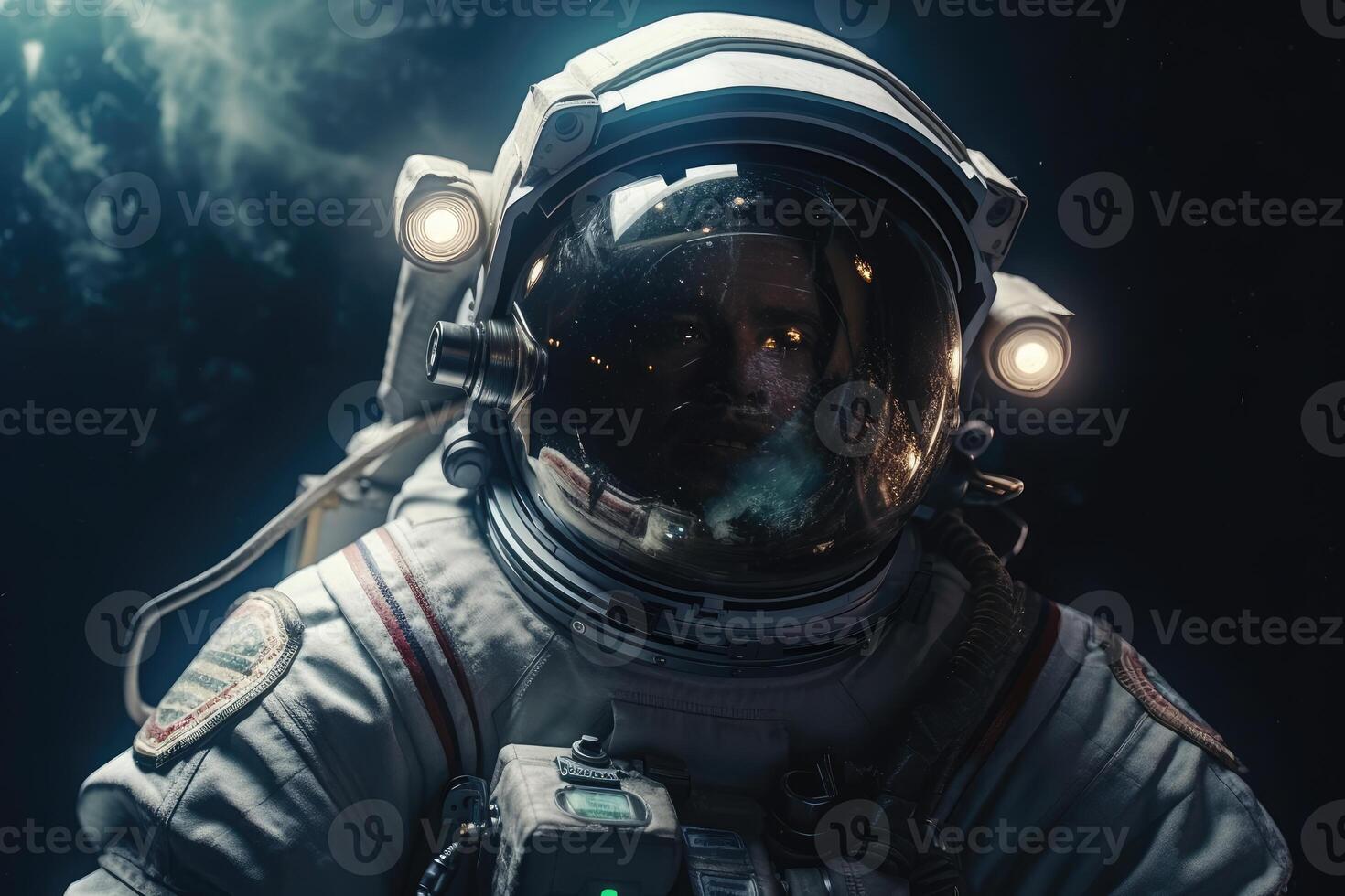 Astronaut on a rock surface with a space background. an astronaut standing on the lone planet with him looking forward. photo