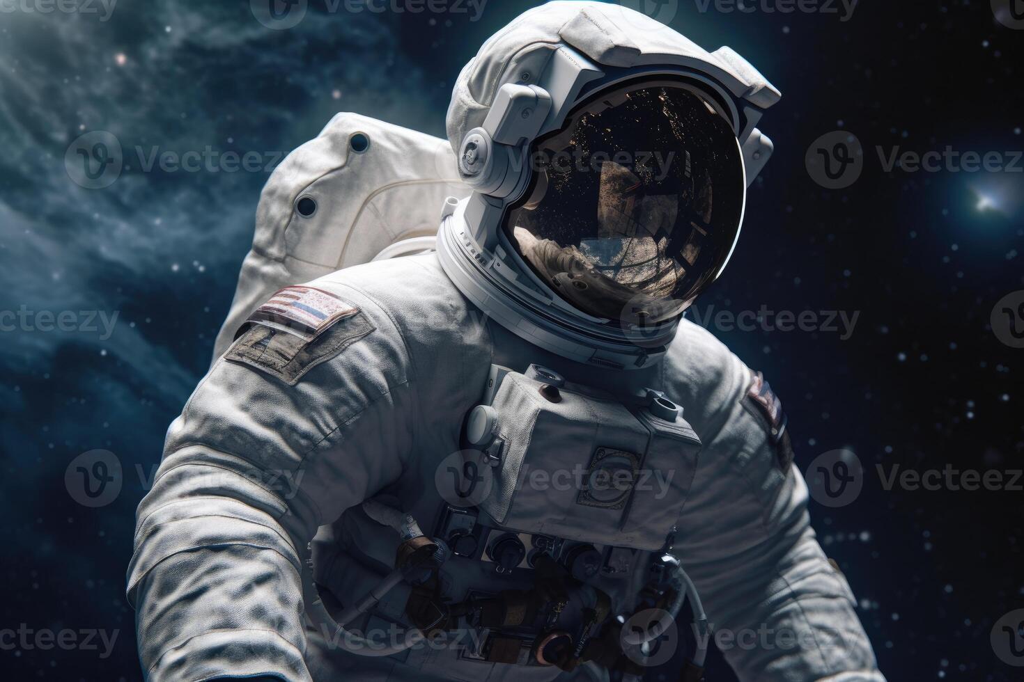 Astronaut on a rock surface with a space background. an astronaut standing on the lone planet with him looking forward. photo