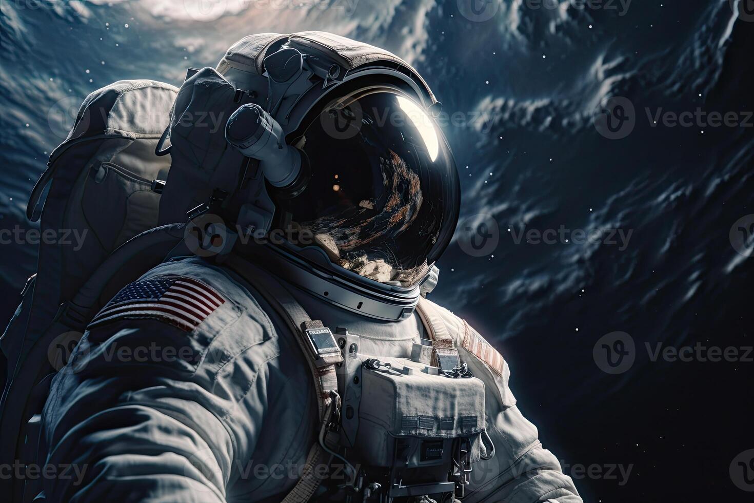 Astronaut on a rock surface with a space background. an astronaut standing on the lone planet with him looking forward. photo