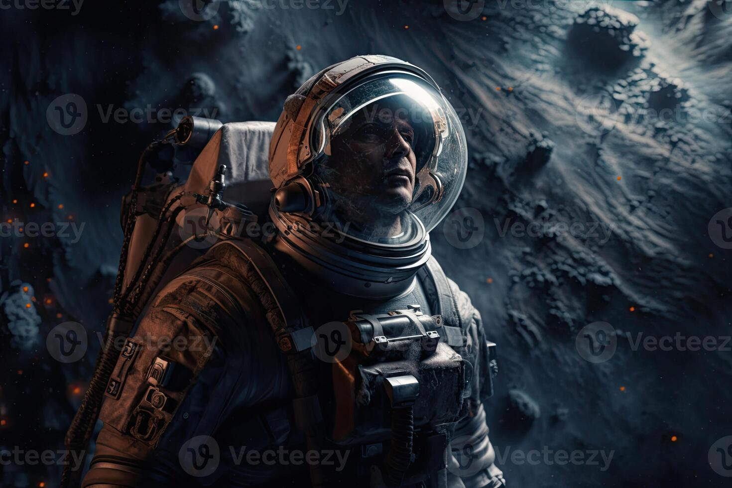 Astronaut on a rock surface with a space background. an astronaut standing on the lone planet with him looking forward. photo
