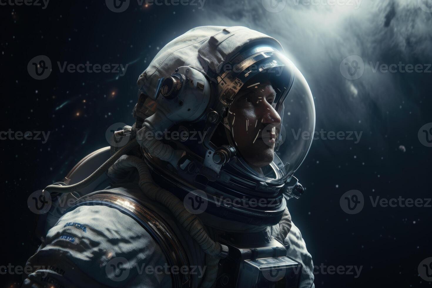 Astronaut on a rock surface with a space background. an astronaut standing on the lone planet with him looking forward. photo