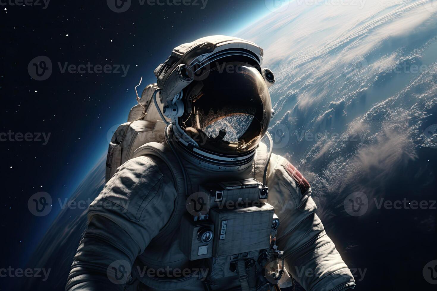 Astronaut on a rock surface with a space background. an astronaut standing on the lone planet with him looking forward. photo