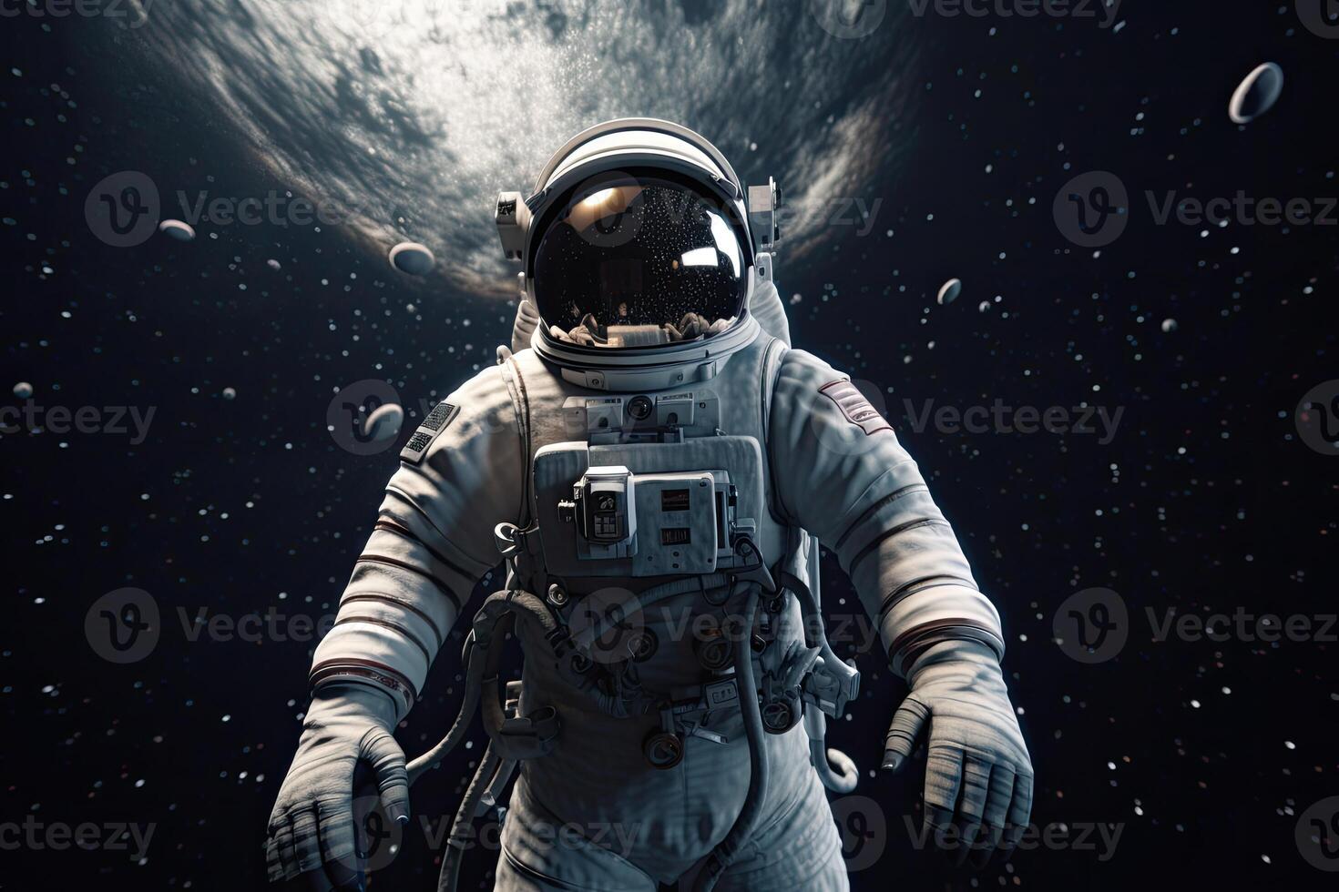 Astronaut on a rock surface with a space background. an astronaut standing on the lone planet with him looking forward. photo