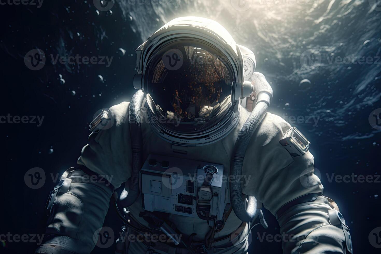 Astronaut on a rock surface with a space background. an astronaut standing on the lone planet with him looking forward. photo