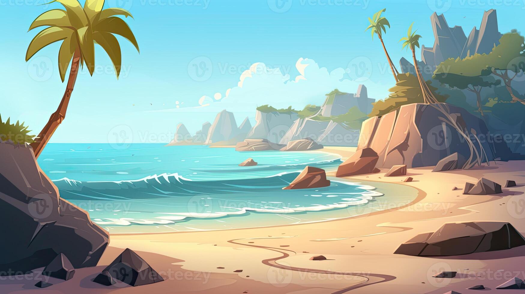 Sky and sun at sea background, ocean and beach island scenery empty cartoon. Ocean or sea water with waves and clouds in sky summer blue seascape with cloudy sky and seaside. photo