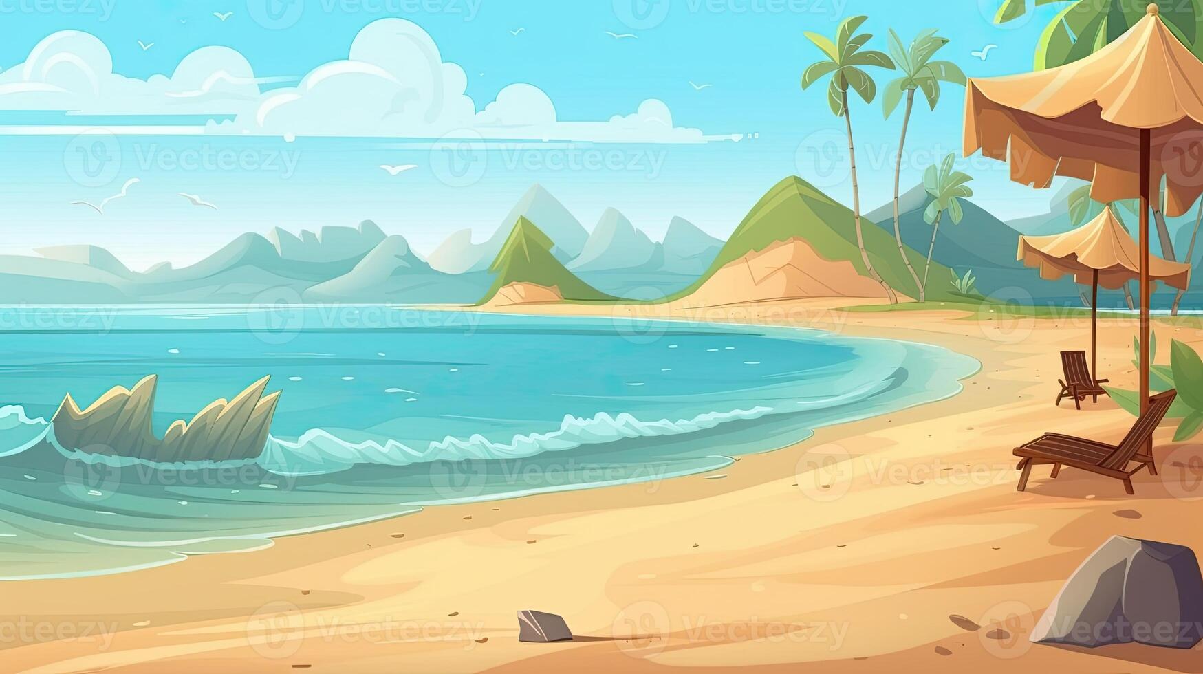 Sky and sun at sea background, ocean and beach island scenery empty cartoon. Ocean or sea water with waves and clouds in sky summer blue seascape with cloudy sky and seaside. photo