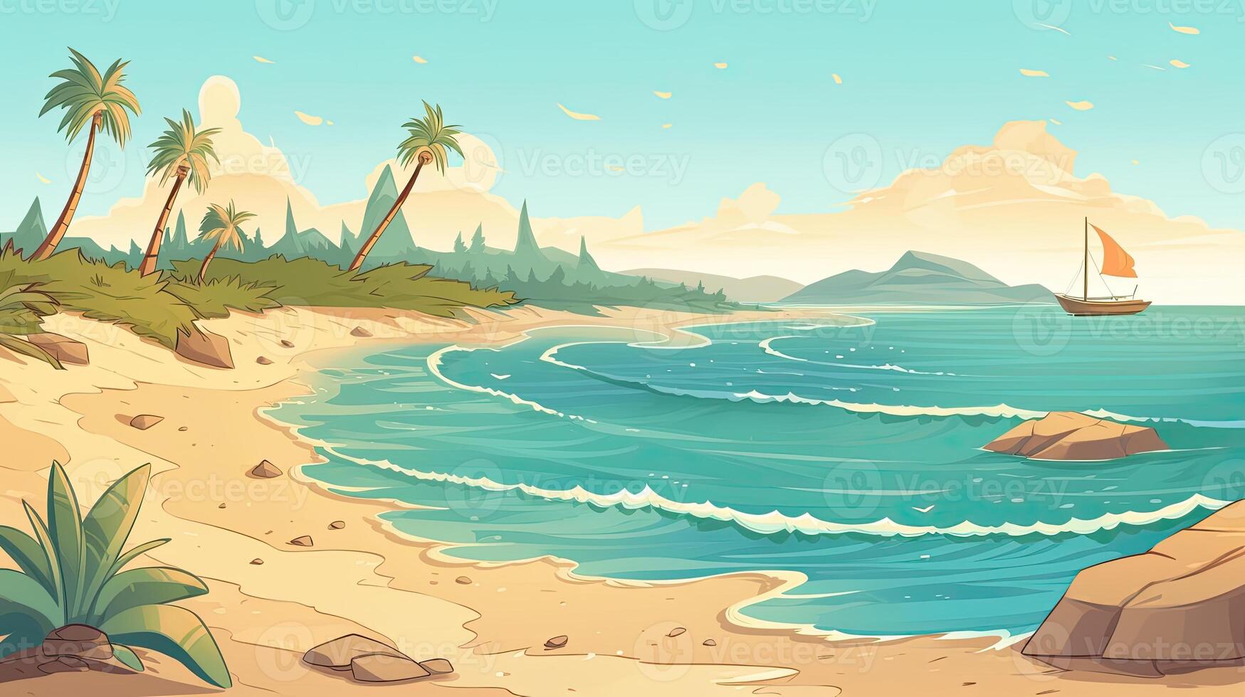 Sky and sun at sea background, ocean and beach island scenery empty cartoon. Ocean or sea water with waves and clouds in sky summer blue seascape with cloudy sky and seaside. photo