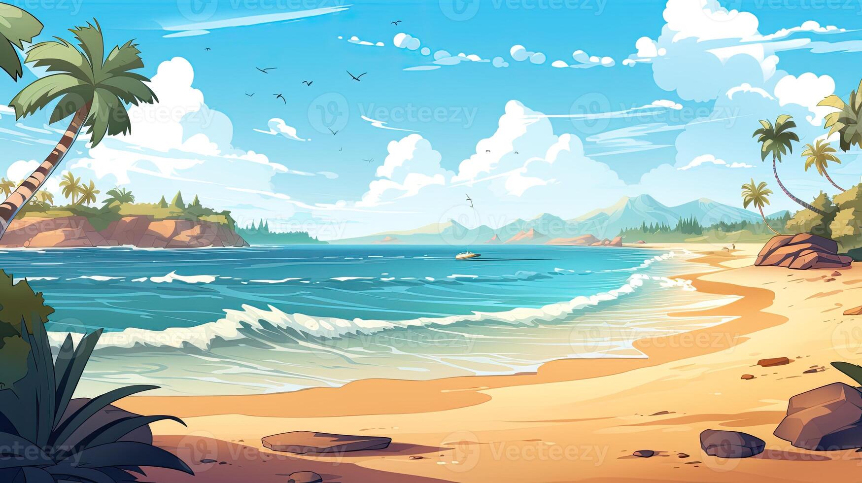 Sky and sun at sea background, ocean and beach island scenery empty cartoon. Ocean or sea water with waves and clouds in sky summer blue seascape with cloudy sky and seaside. photo