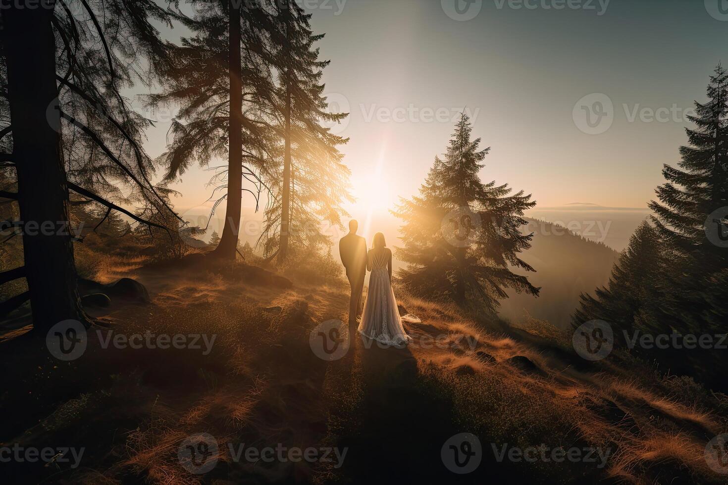 Wedding silhouette couple posing on sunset in beautiful forest at wedding day. Bride and groom in love. Non-existent person. . photo