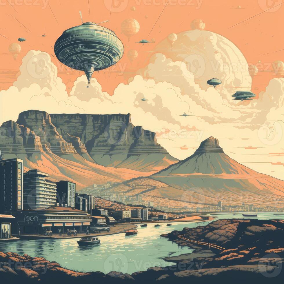 Illustration of Exoplanet fantastic landscape. Beautiful views of the mountains and sky with unexplored planets. . photo