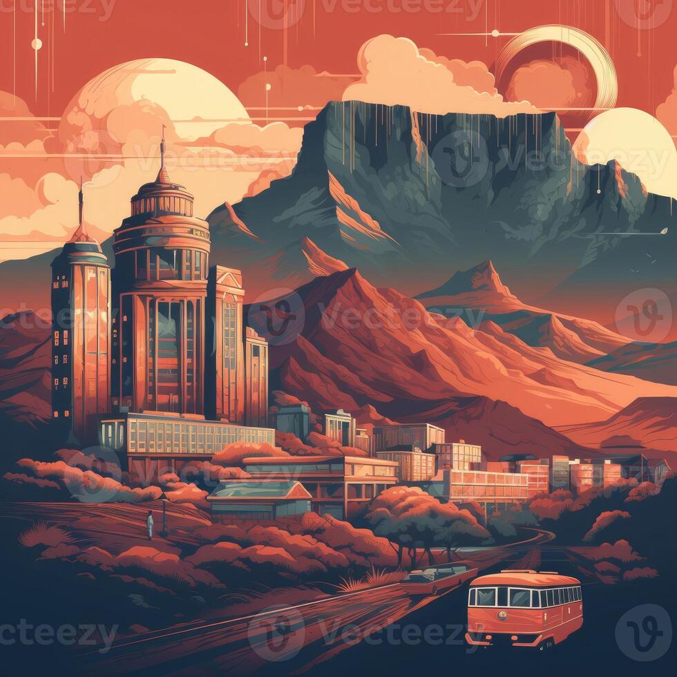 ilustración de exoplaneta fantástico paisaje. hermosa puntos de vista de el montañas y cielo con inexplorado planetas generativo ai. foto