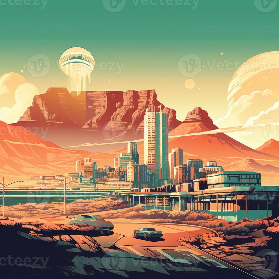 Illustration of Exoplanet fantastic landscape. Beautiful views of the mountains and sky with unexplored planets. . photo