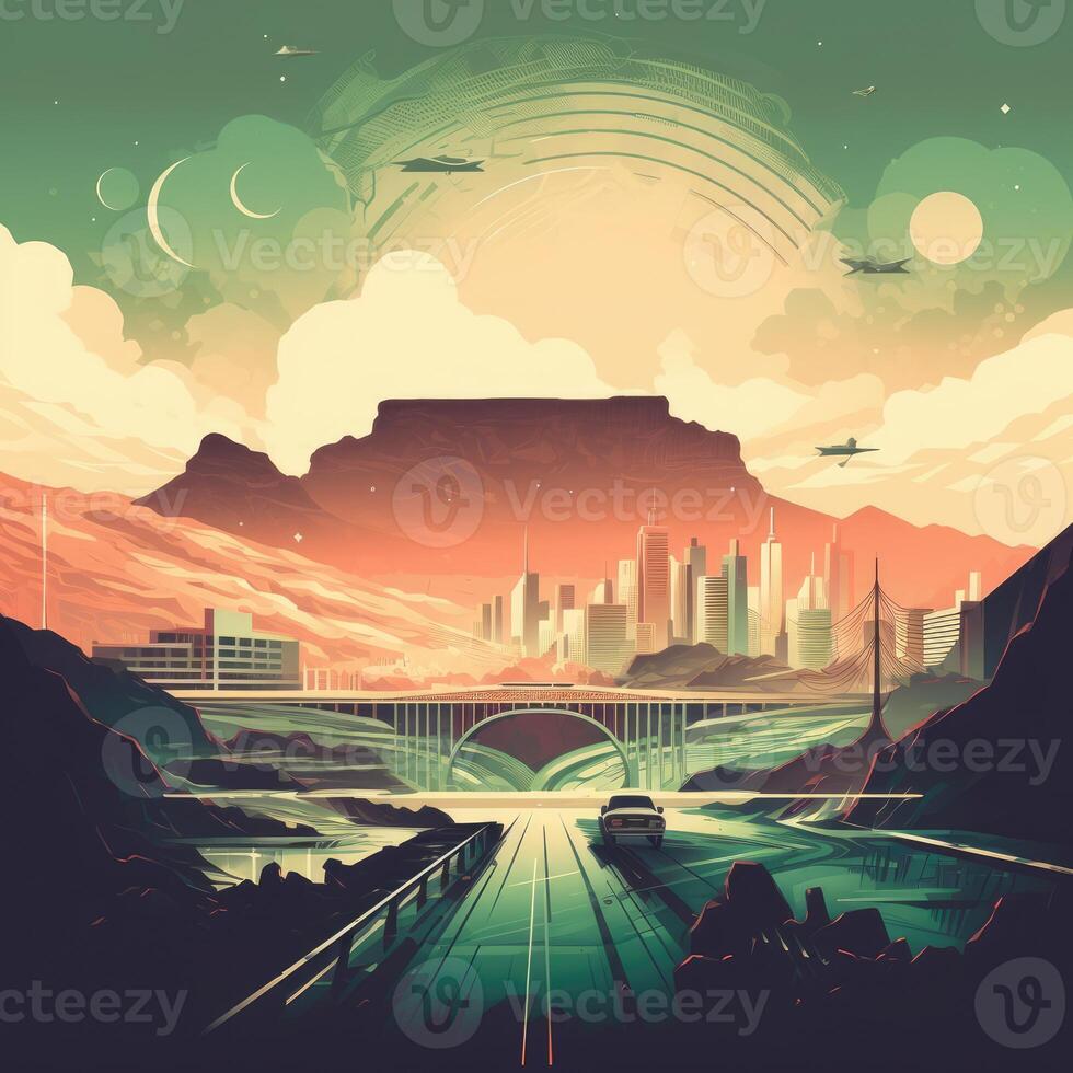 Illustration of Exoplanet fantastic landscape. Beautiful views of the mountains and sky with unexplored planets. . photo