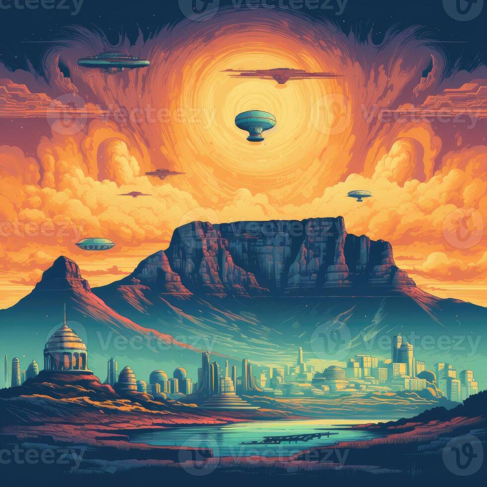 Illustration of Exoplanet fantastic landscape. Beautiful views of the mountains and sky with unexplored planets. . photo