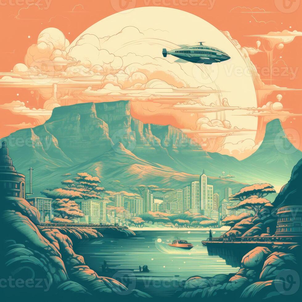 Illustration of Exoplanet fantastic landscape. Beautiful views of the mountains and sky with unexplored planets. . photo