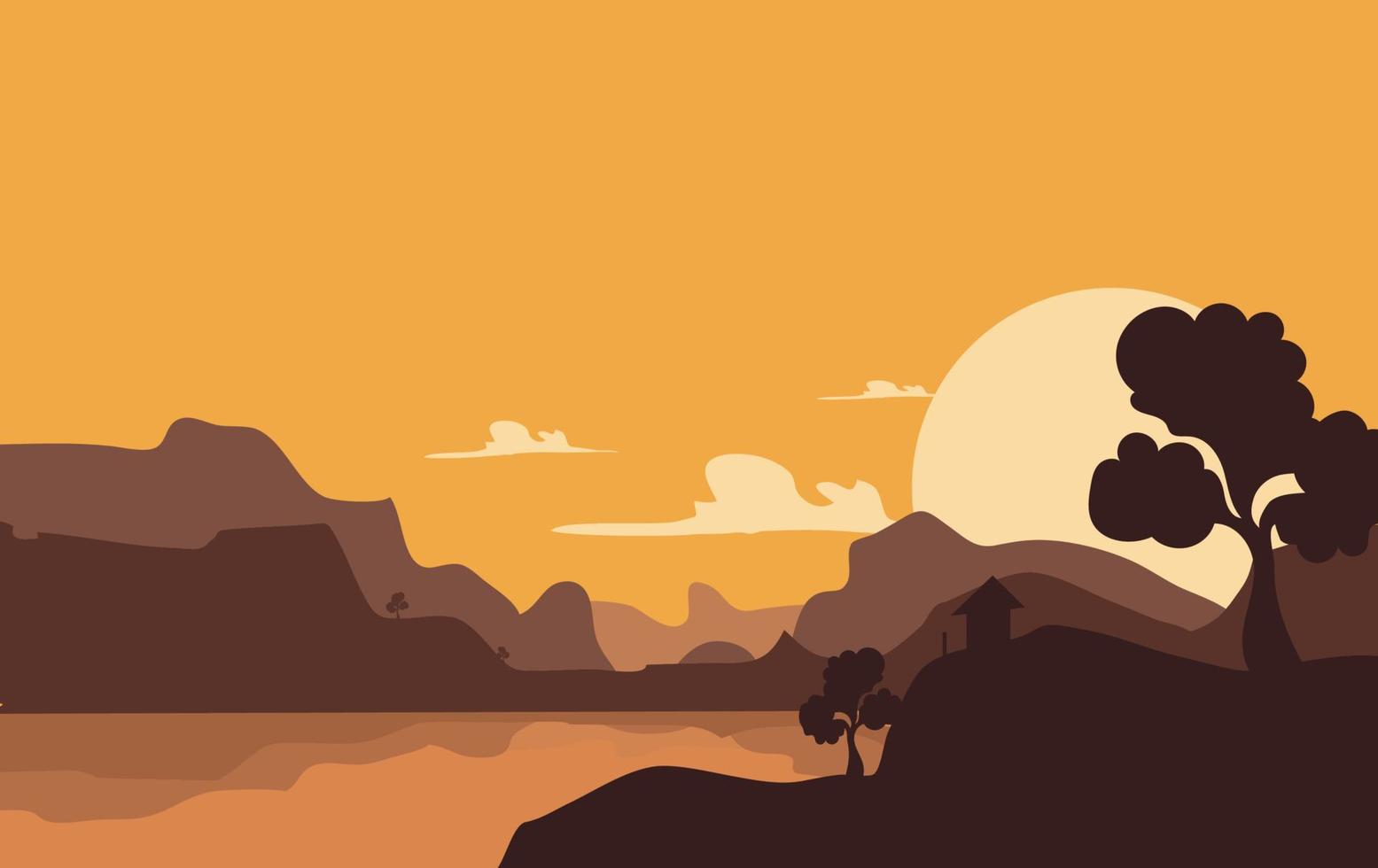 Beautiful vector landscape illustration, Peaceful sunrise over mountains, ocean and forest. Travel, hiking, outdoors and adventure concept. Use as background or wallpaper.