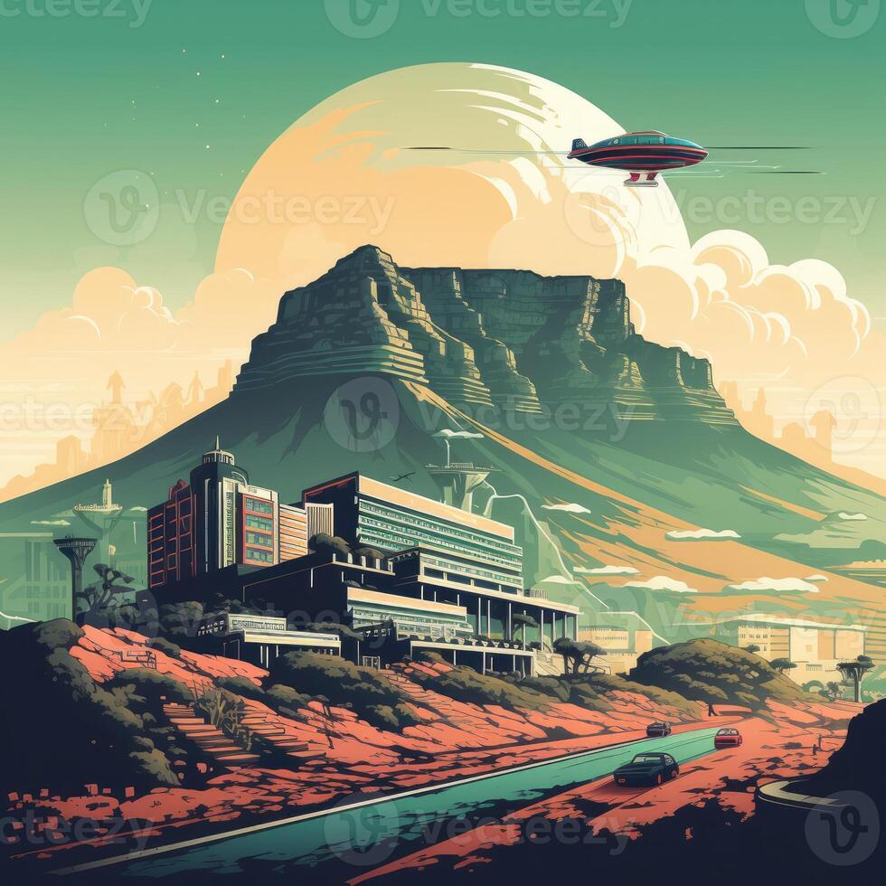 Illustration of Exoplanet fantastic landscape. Beautiful views of the mountains and sky with unexplored planets. . photo